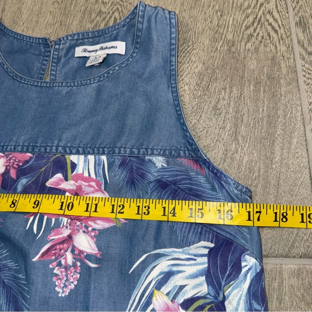 Tommy Bahama Dress Small Chambray Tropical Floral Print‎ Sleeveless with Pockets